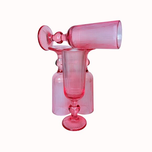 Romantic Ribbed Pink Glass Champagne Flutes Set of 4 Heart Stem Retro Cocktail - Picture 11 of 15